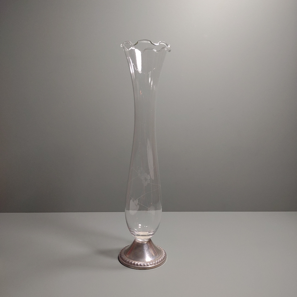 Vintage Duchin Etched Crystal Bud Vase Weighted Sterling Silver Base Ruf…
